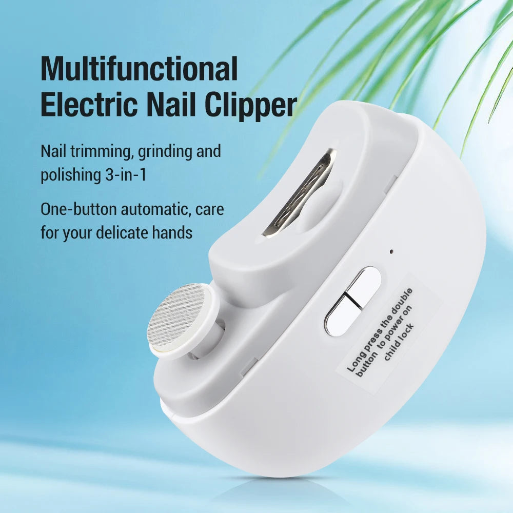 Multifunctional electric nail clipper on a light blue background