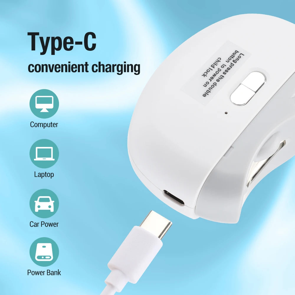 White power adapter with USB-C cable on a blue background, featuring text and icons indicating compatibility.