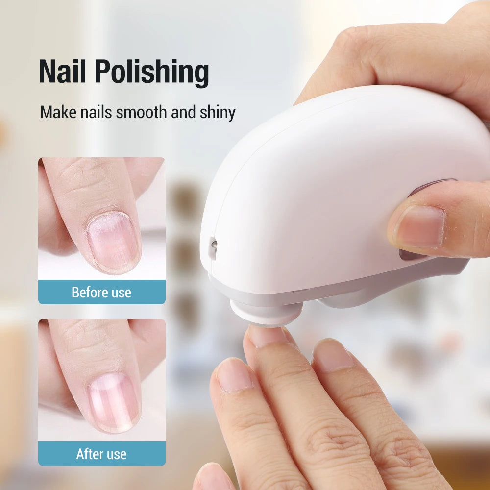 Hand using a nail polishing device with 'Before use' and 'After use' comparisons on nails.