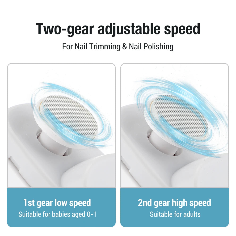 Two-speed nail tool with text indicating adjustable speed for nail trimming and polishing.